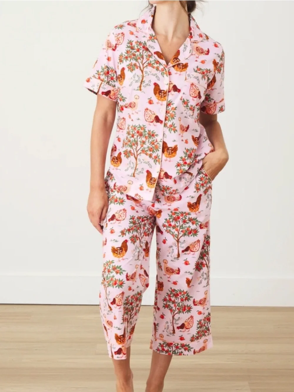 Print Fresh Hen House Organic Cotton Pajama Set Short Sleeve & Pants Pink Size S - Picture 2 of 16